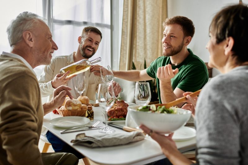 A family having dinner together.